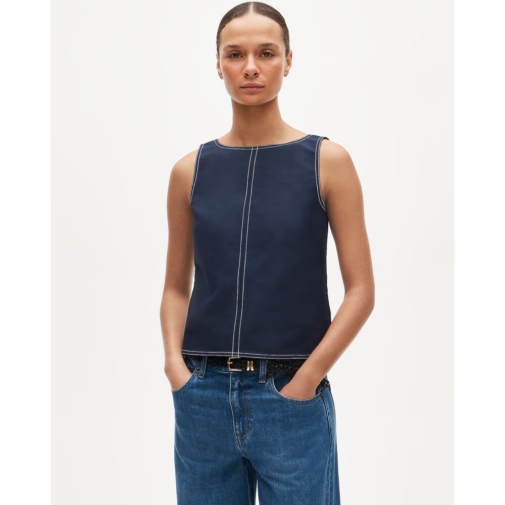 J.CREW Contrast-Stitch Shell Top 0 Navy Blue Double Cotton Poplin V-Back NWT B50
